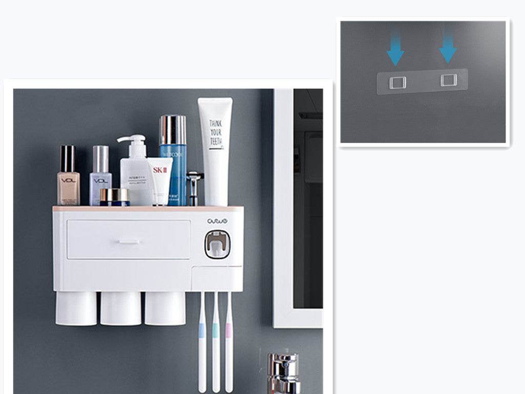 Non-marking Hanging Magnetic Toothbrush Holder Single Drawer Storage Rack With Toothpaste Squeezer Toiletry Set - ProTrendyz