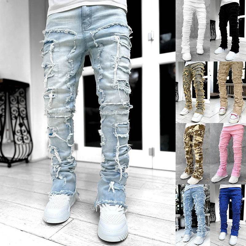 Men Trousers Individual Patched Pants Long Tight Fit Stacked Jeans For Mens Clothing - ProTrendyz