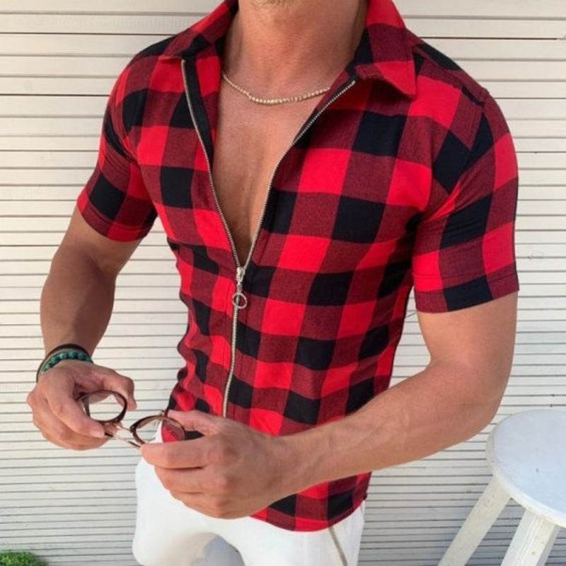 Plaid T Shirt Mens Zipper Short Sleeve Shirts Summer Men Clothing - ProTrendyz