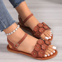 Retro Flowers Sandals Summer Casual Versatile Round Toe Buckle Flat Beach Shoes For Women New Roman Shoes - ProTrendyz