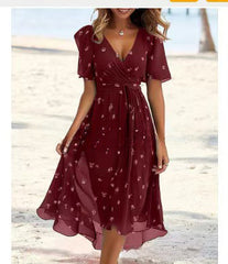 Flowers Printed V-neck Dress Summer A-line Short-sleeved Dresses For Women