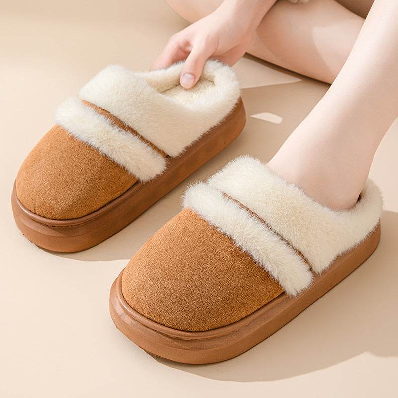 Fashion Warm Cotton Slippers For Women Leisure Thick Bottom Non-slip Plus-velvet House Shoes Winter Bedroom Floor Suede Slipper - ProTrendyz