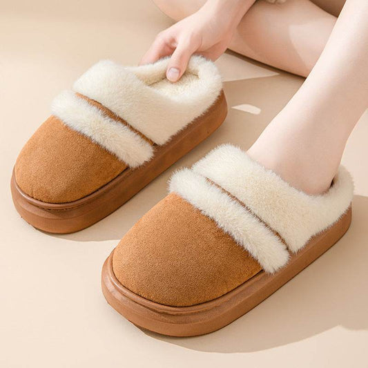 Fashion Warm Cotton Slippers For Women Leisure Thick Bottom Non-slip Plus-velvet House Shoes Winter Bedroom Floor Suede Slipper - ProTrendyz