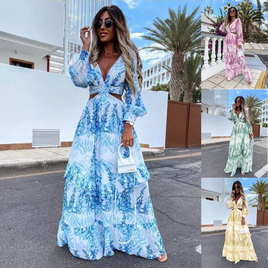 Elegant Women's Hollow Floor V-neck Long-sleeved Plant Dress Long Dresses Spring Summer Print V-neck Long Sleeve Dress - ProTrendyz