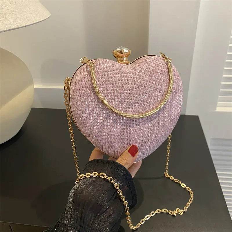Evening Clutch Bag Women Bag Shiny Handbag Heart Shape Metal Clutches Bag Fashion Chain Shoulder Crossbody Bag Luxury Lady Purse Valentines Day Outfit - ProTrendyz