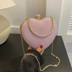 Evening Clutch Bag Women Bag Shiny Handbag Heart Shape Metal Clutches Bag Fashion Chain Shoulder Crossbody Bag Luxury Lady Purse Valentines Day Outfit - ProTrendyz