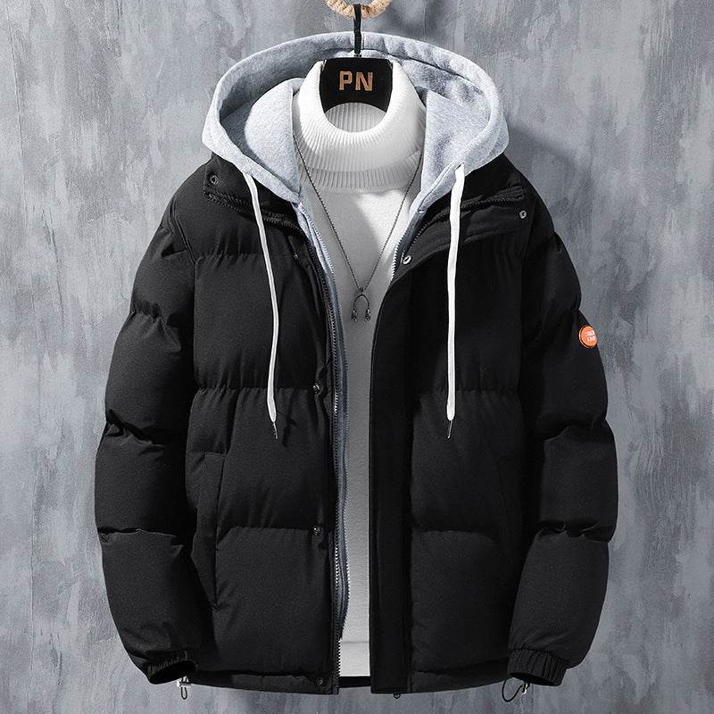 Fashion Hooded Jacket Men Winter Windproof Thickened Fake Two-piece Coat Solid Leisure Sports Cotton Jacket - ProTrendyz