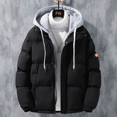 Fashion Hooded Jacket Men Winter Windproof Thickened Fake Two-piece Coat Solid Leisure Sports Cotton Jacket - ProTrendyz