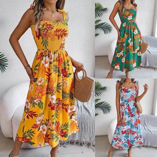 Flowers Print Suspender Corset Dress Ins Fashion Holiday Beach Long Dresses Summer Clothing For Women - ProTrendyz