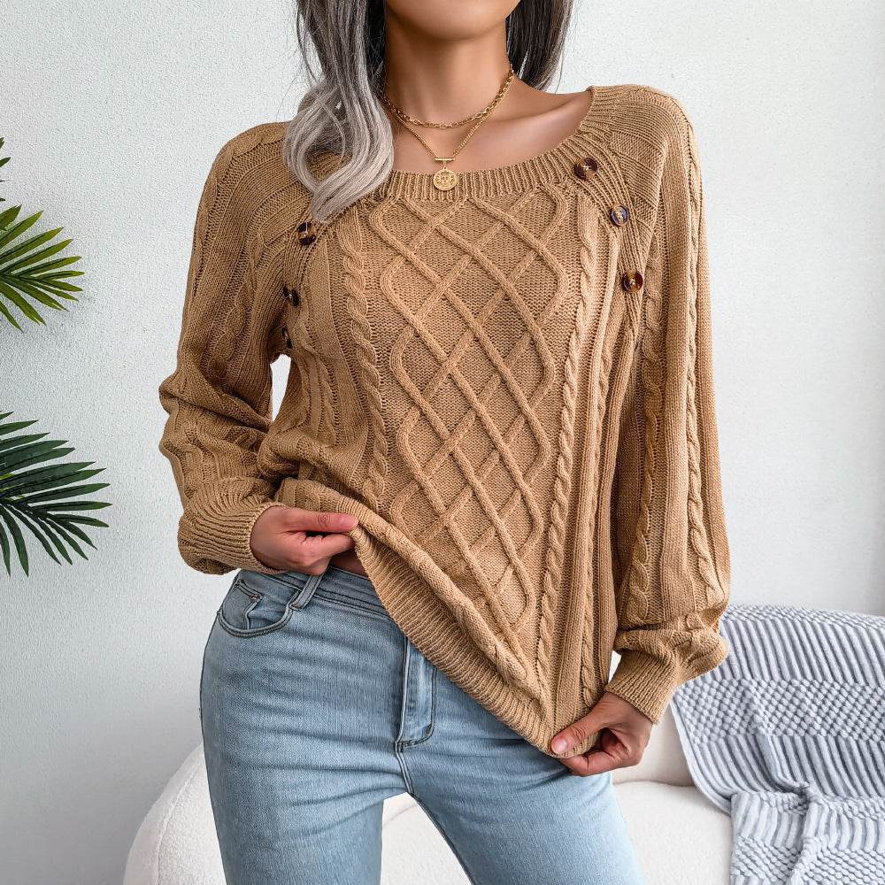 Square Neck Knitted Sweater With Button Design Winter Warm Long Sleeve Tops Women's Clothing - ProTrendyz
