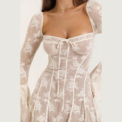 Lace Square Collar Dress Bell-bottom Long Sleeve Tied A- Line Dresses Womens Clothing - ProTrendyz