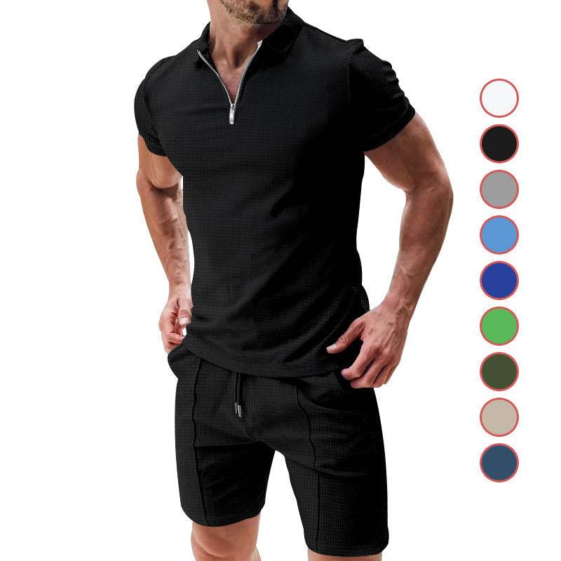 2Pcs Casual Waffle Suit Summer Zipper Lapel Short-sleeved Top And Drawstring Pockets Shorts Versatile Solid Color T-shirt Set For Mens Clothing - ProTrendyz