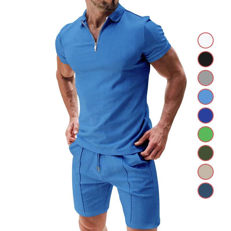 2Pcs Casual Waffle Suit Summer Zipper Lapel Short-sleeved Top And Drawstring Pockets Shorts Versatile Solid Color T-shirt Set For Mens Clothing - ProTrendyz