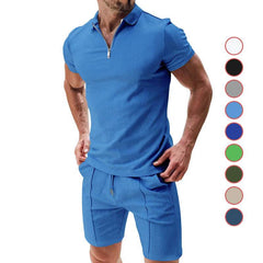 2Pcs Casual Waffle Suit Summer Zipper Lapel Short-sleeved Top And Drawstring Pockets Shorts Versatile Solid Color T-shirt Set For Mens Clothing - ProTrendyz