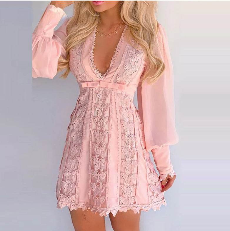 White Elegant Dresses Sexy V Neck Lace Dress Long Puff Sleeve Butterfly Dress For Women - ProTrendyz