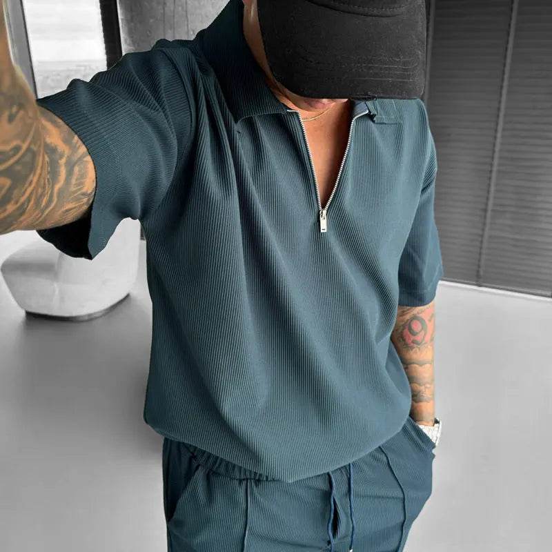 Summer Fashion Mens Clothing Men's Suits New Zipper Polo Casual Short Sleeve Drawstring Shorts Men's Set - ProTrendyz