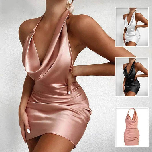 Satin Party Dress V Neck Backless Mini Sleeveless Summer Party Dress - ProTrendyz