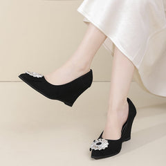 2026 New French Style Pointed Toe Pumps Women's Black Heels With Rhinestone Square Buckle, Slim Heel, Elegant Versatile Slip-On Shoes
