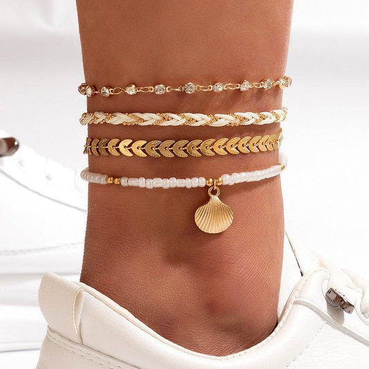 4pcs Set Bohemian Woven Rope Foot Chain For Men And Women Geometric Alloy Black Beads Dropping Oil Anklet Set Summer Fashion Jewelry - ProTrendyz