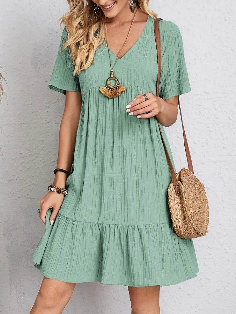 V-neck Short Sleeve Dress Summer Fashion Casual Loose Ruffled Dresses Beach Clothing Women - ProTrendyz