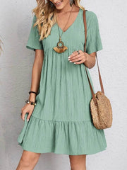 V-neck Short Sleeve Dress Summer Fashion Casual Loose Ruffled Dresses Beach Clothing Women - ProTrendyz