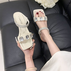 2026 Early Spring Fairy-Inspired Crystal & Rhinestone Sandals For Women, Sheer One-Strap Mid Block Heel Design, Trendy Outdoor Fashion Shoes