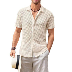 Summer Mesh Short Sleeve Shirt Fashion Solid Color Lapel Shirt Tops Beach Men Clothing - ProTrendyz