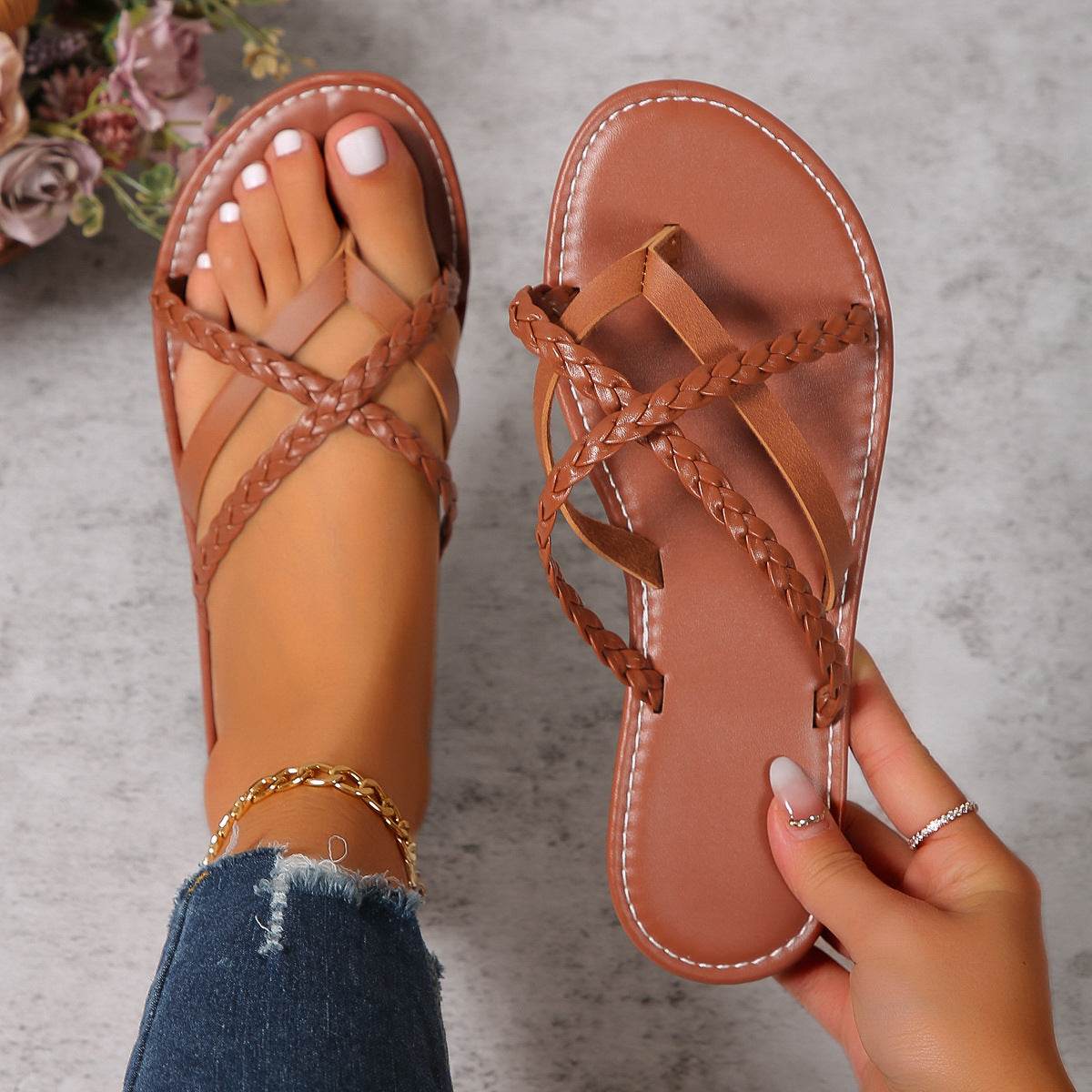 Cross-woven Design Thong Sandals Summer Flat Shoes Women Flip Flops Slides Casual Vacation Beach Slippers - ProTrendyz
