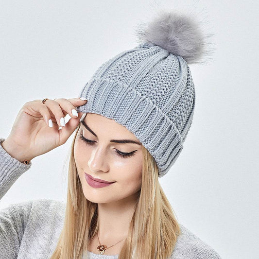 Fashion Stretchy Satin Lined Skull Knit Hats Beanie Hat For Women Faux Fur Pom Pom Hat Winter Keep Warming Beanie Hat - ProTrendyz