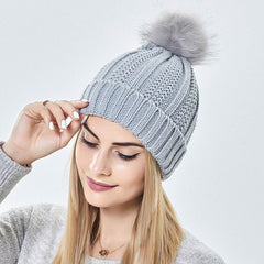 Fashion Stretchy Satin Lined Skull Knit Hats Beanie Hat For Women Faux Fur Pom Pom Hat Winter Keep Warming Beanie Hat - ProTrendyz