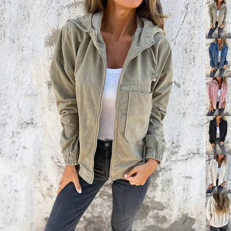 Corduroy Hooded Zip-up Jacket With Pockets Fashion Casual Drawstring Tops Outerwear Women's Clothing 5XL XXXXXL - ProTrendyz