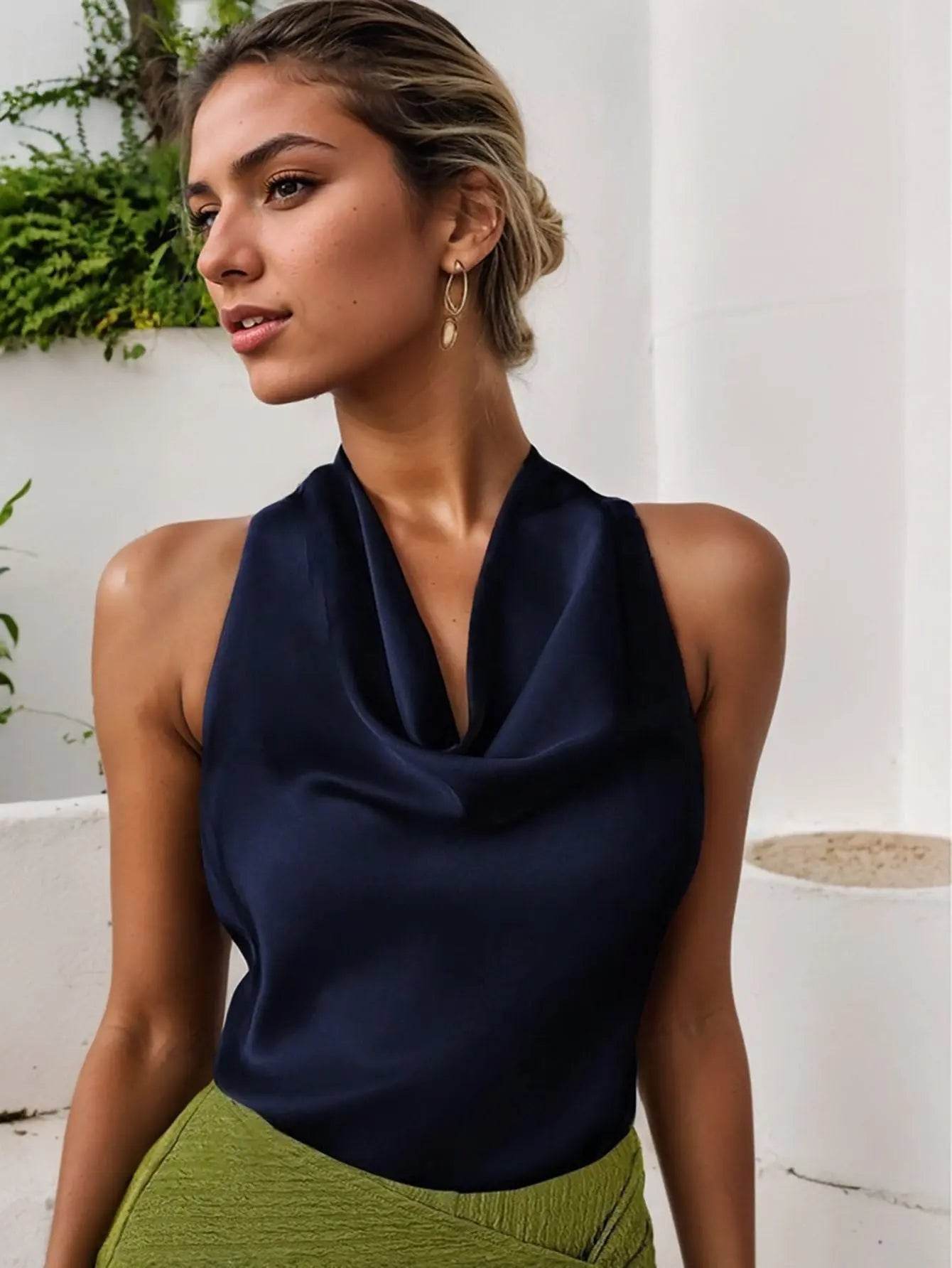 Women Solid Color Swing Collar Sleeveless Vest Trendy Elegant Shirt With Halter Neckline Backless Short Sleeve Tops Tshirts - ProTrendyz