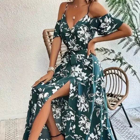 Flower Print Split Suspender Dress With Lace-up Design Summer Fashion Long Dresses Beach Clothing For Women - ProTrendyz