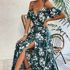 Flower Print Split Suspender Dress With Lace-up Design Summer Fashion Long Dresses Beach Clothing For Women - ProTrendyz