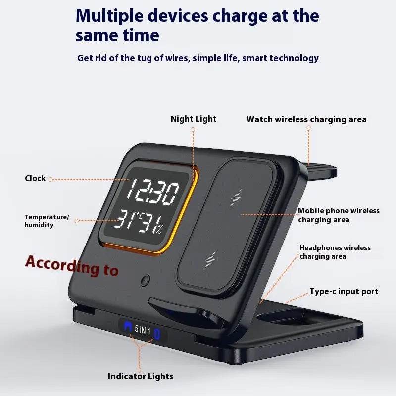 15W Wireless Chargers Stand 5 In1 LED Digital Alarm Clock Fast Charging Dock Station - ProTrendyz