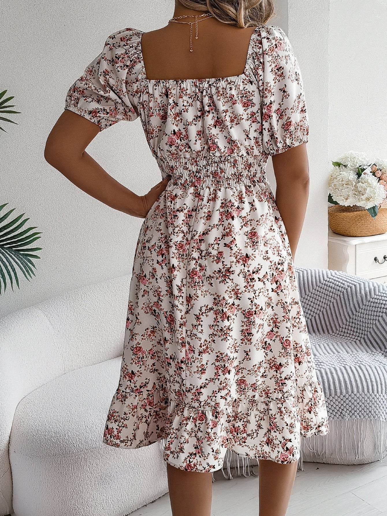 Floral Print Square Collar Dress Summer Fashion Ruffles Dresses Women's Clothing - ProTrendyz