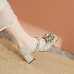 2025 New Champagne Rhinestone Bow Mary Jane Heels Fairy Style Ankle Strap Chunky Heel Pumps