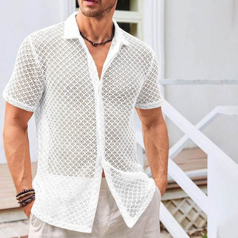Summer Mesh Short Sleeve Shirt Fashion Solid Color Lapel Shirt Tops Beach Men Clothing - ProTrendyz