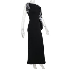 One-shoulder Ribbon Long Dress Ins Fashion Slim Sleeveless Dresses For Evening Party Club Clothing Women