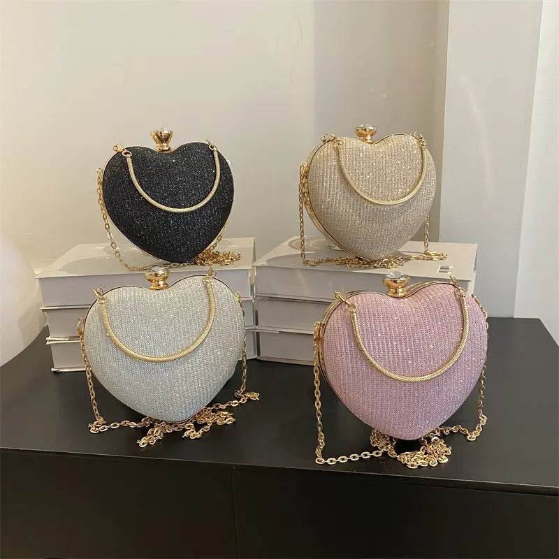 Evening Clutch Bag Women Bag Shiny Handbag Heart Shape Metal Clutches Bag Fashion Chain Shoulder Crossbody Bag Luxury Lady Purse Valentines Day Outfit - ProTrendyz