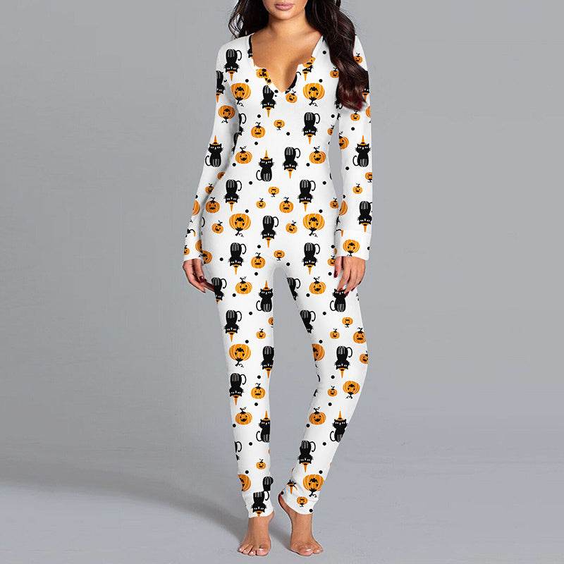 Halloween Printed Jumpsuit Long Sleeve Home Pajamas Casual Trousers Women's Cos Clothing - ProTrendyz