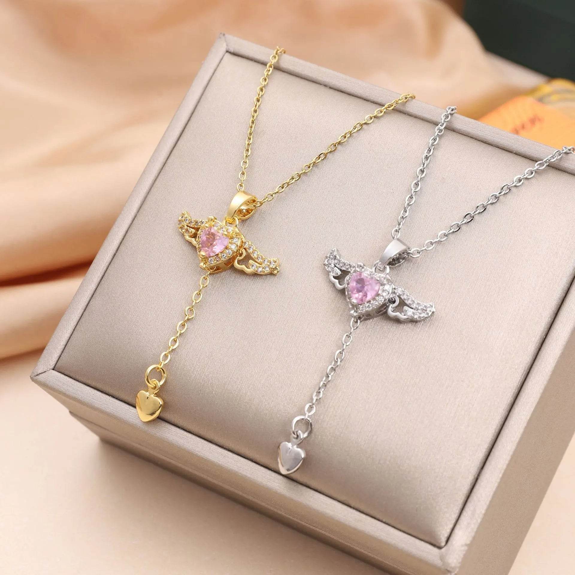 Moving Cupid Heart Angel Wings Tassel Necklace With Crystal Clavicle Chain Women Jewelry Gift Valentine's Day US - ProTrendyz