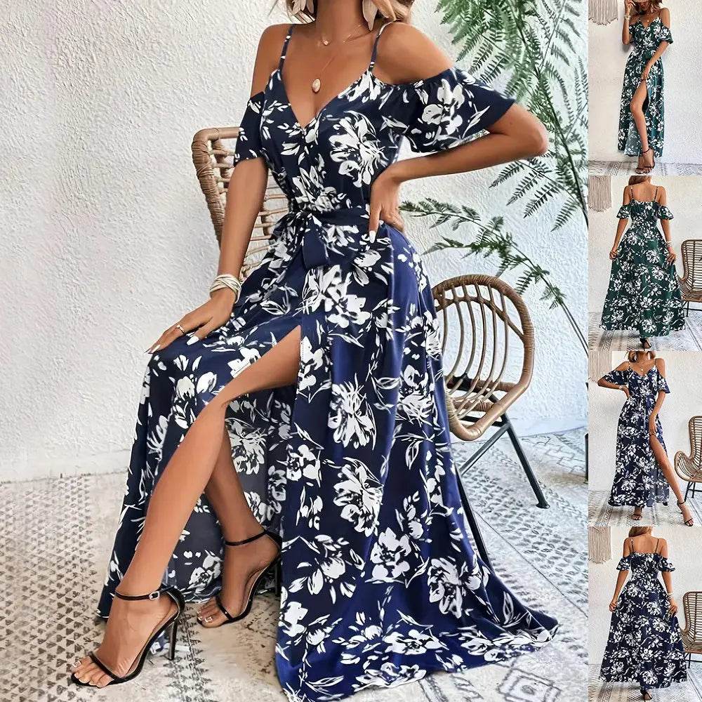Flower Print Split Suspender Dress With Lace-up Design Summer Fashion Long Dresses Beach Clothing For Women - ProTrendyz