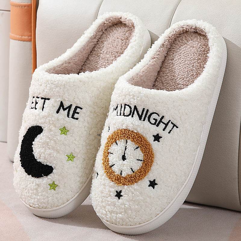 Fashion Moon And Clock Print Home Slippers Winter Warm Floor Bedroom House Shoes For Women - ProTrendyz