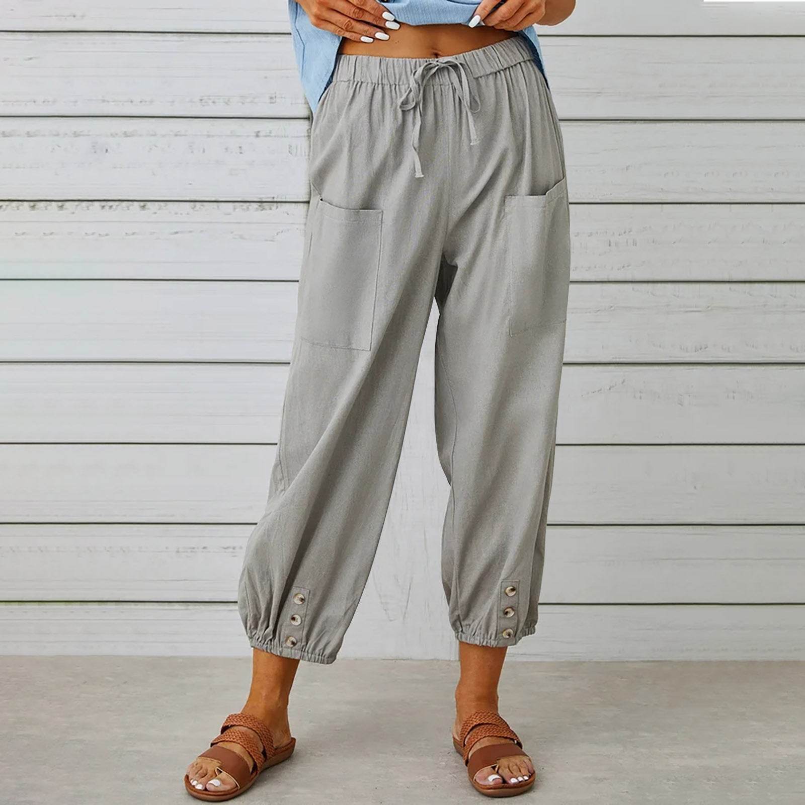 Women Drawstring Tie Pants Spring Summer Cotton And Linen Trousers With Pockets Button - ProTrendyz