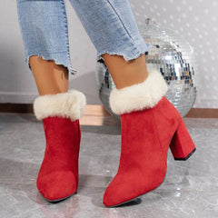 New Plaid Print Plush Ankle Boots Winter Fashoin Square Heel Suede Boots Women Casual Versatile Shoes Autumn And Winter - ProTrendyz