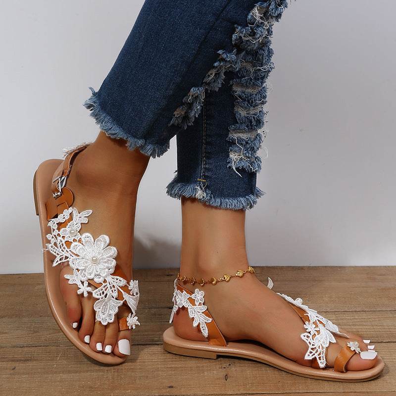 Lace Sandals Bohemia Beach Shoes Flowers Ankle Strap Flat Shoes Summer - ProTrendyz