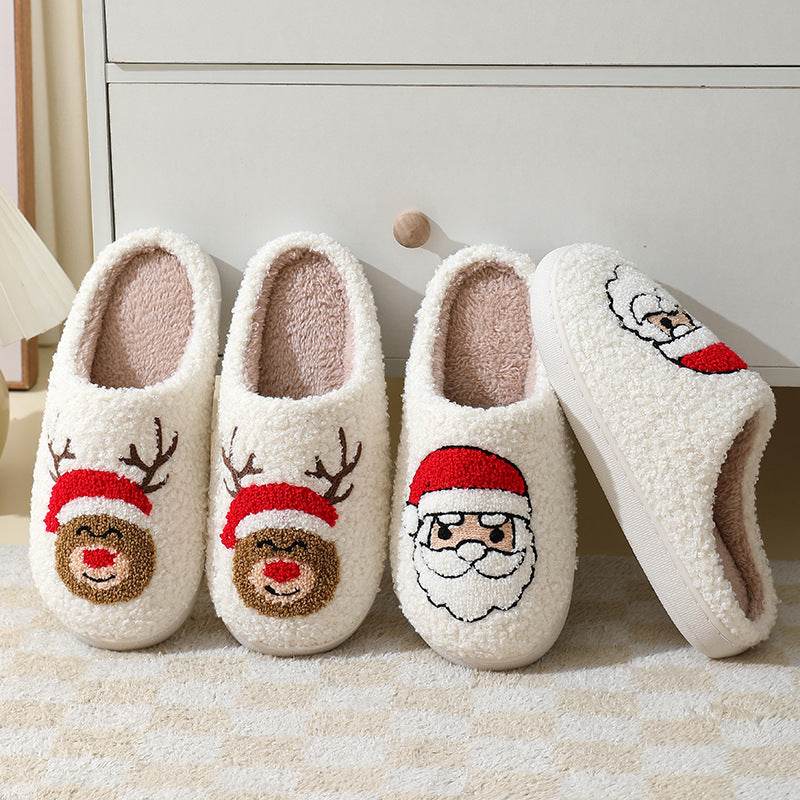 Christmas Home Slippers Cute Cartoon Santa Claus Cotton Slippers For Women And Men Couples Winter Warm Furry Shoes - ProTrendyz
