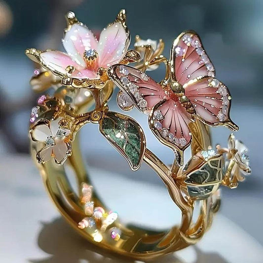 INS Flower Butterfly Ring With Rhinestones And Oil Dropping Design Fashion Personalized Jewelry For Women - ProTrendyz