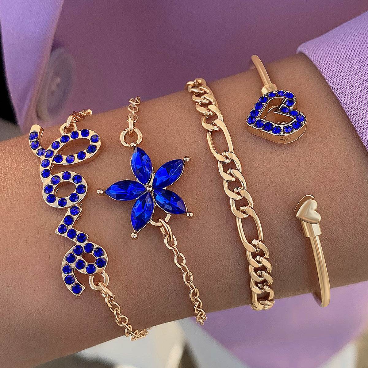 4pcs Blue Flower Love Butterfly Bracelet Set With Rhinestones Design Valentines Day - ProTrendyz